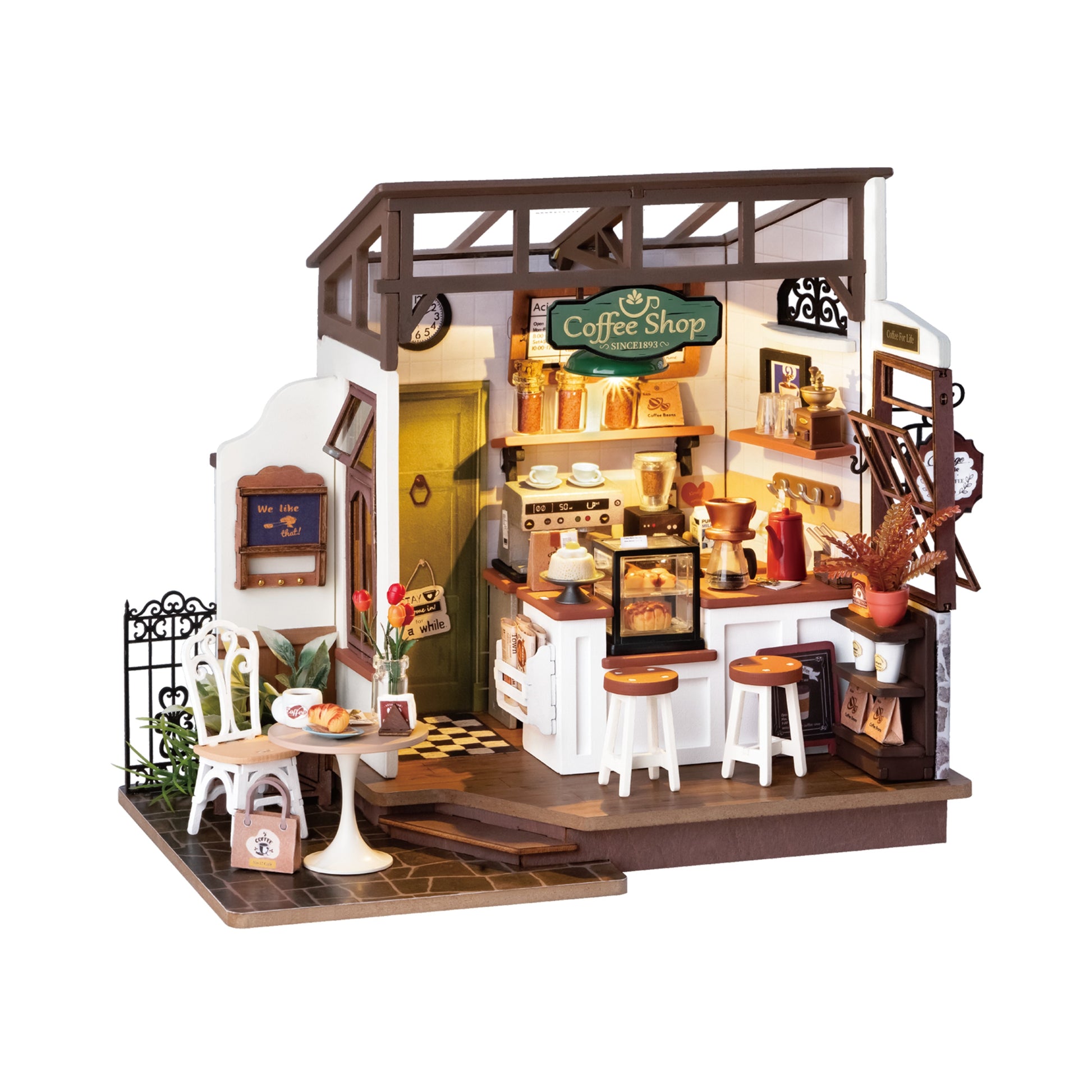 Mellow Monkey Slow Life Café DIY miniature house kit featuring a detailed coffee shop interior with bistro furniture.
