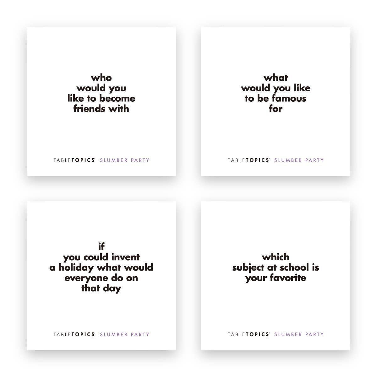 Mellow Monkey TABLETOPICS Slumber Party conversation cards with fun questions for girls on white background
