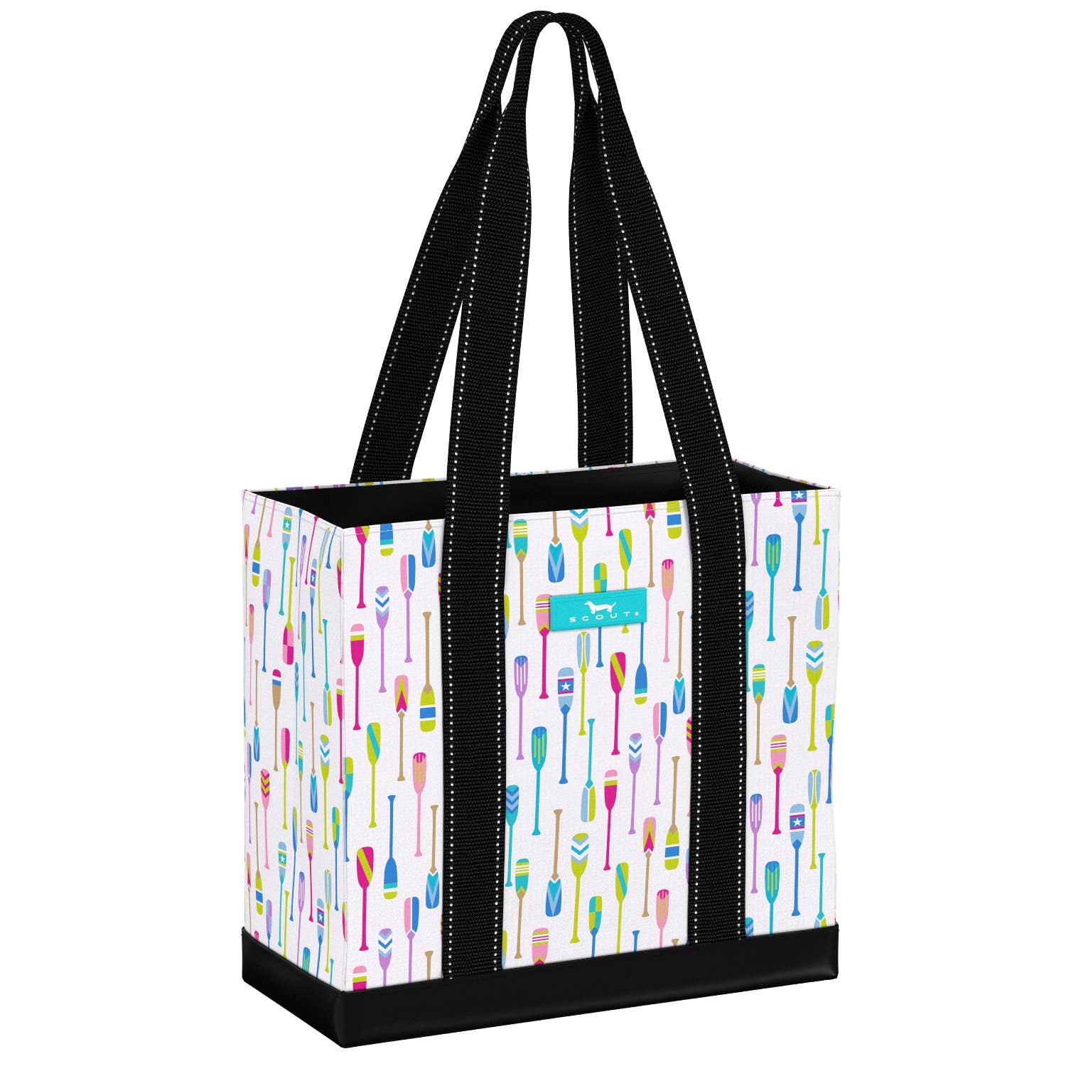Mellow Monkey Original Deano small tote bag featuring a colorful oar pattern on white with black straps and base.