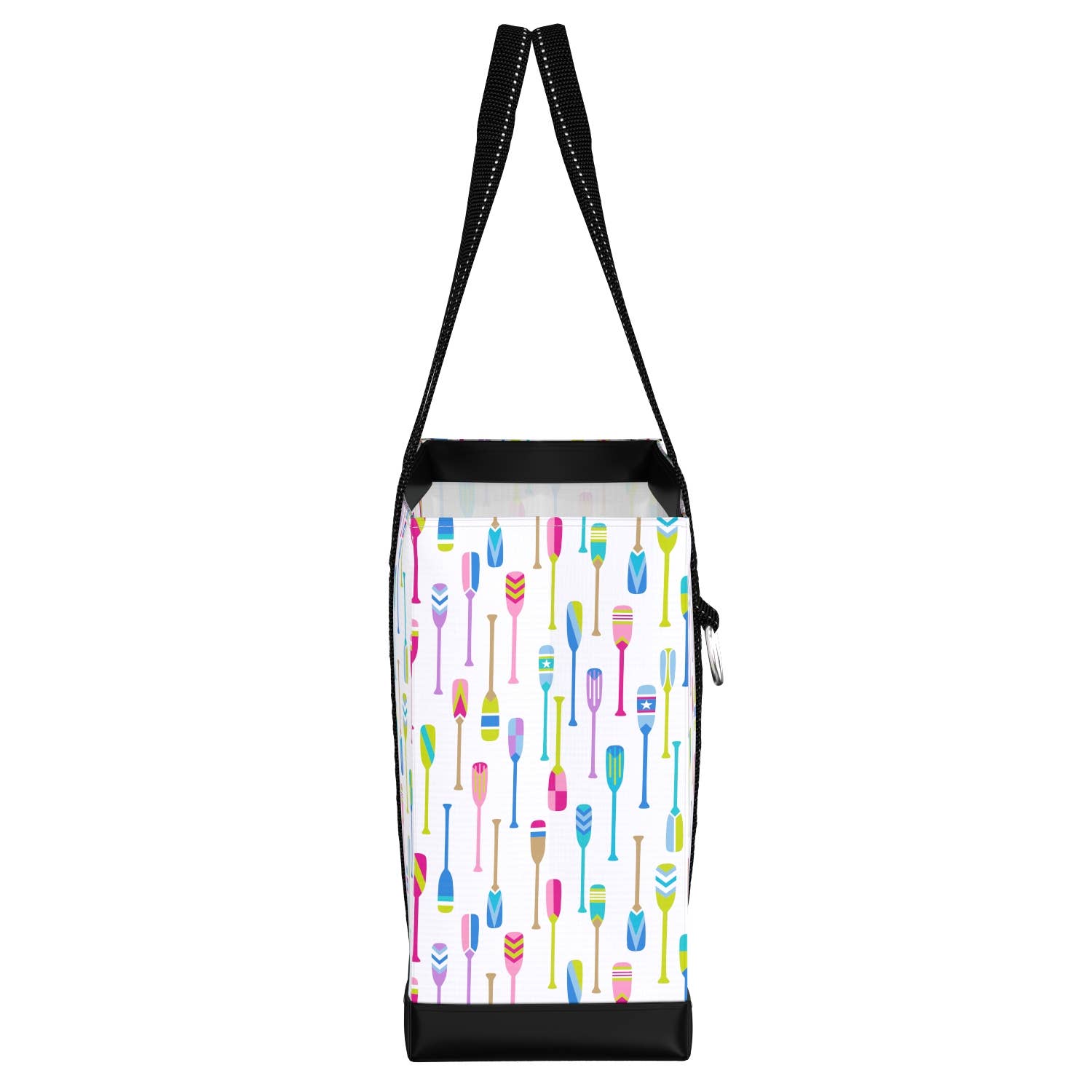 Mellow Monkey Original Deano small tote bag featuring a colorful oar pattern on a white background with black straps