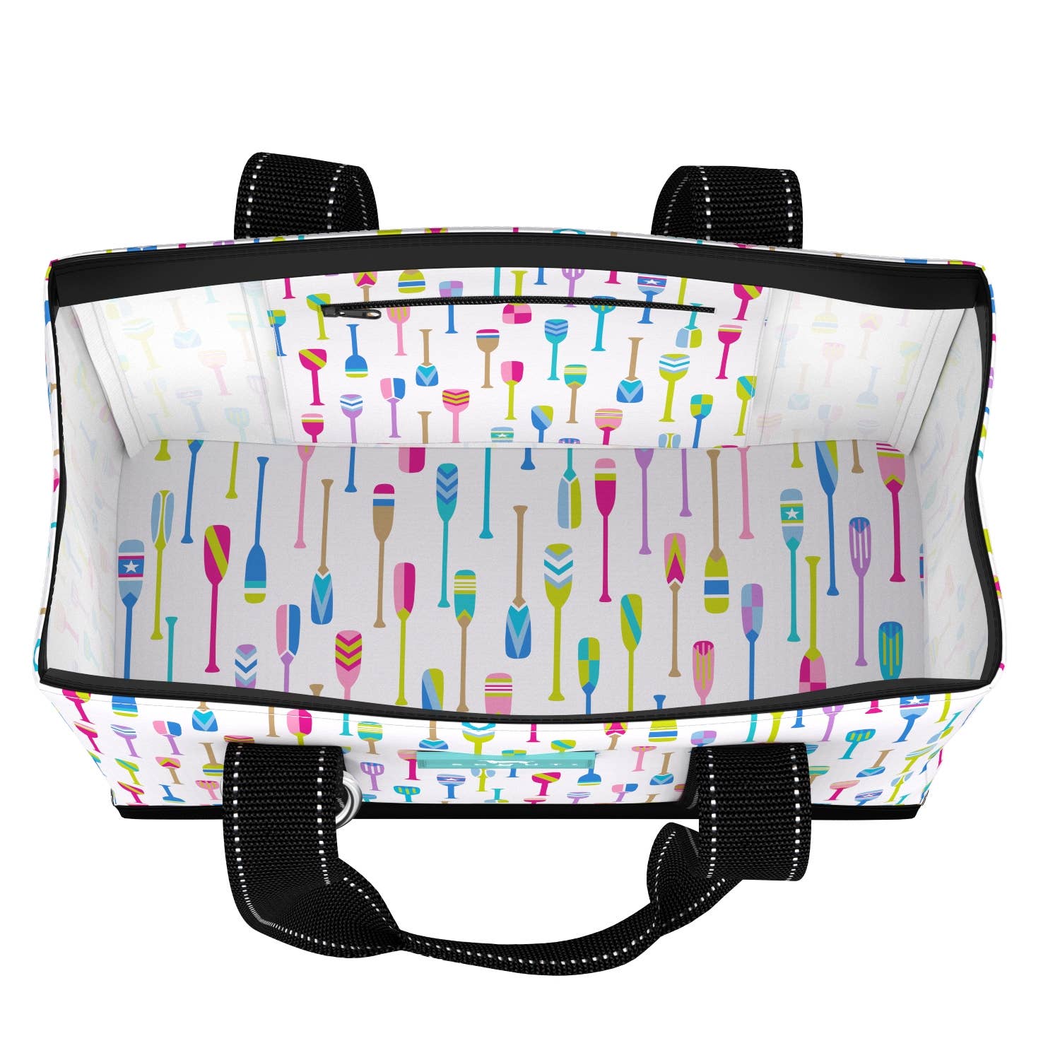 Mellow Monkey Original Deano Small Tote in This Oar That print with colorful paddle pattern and black straps