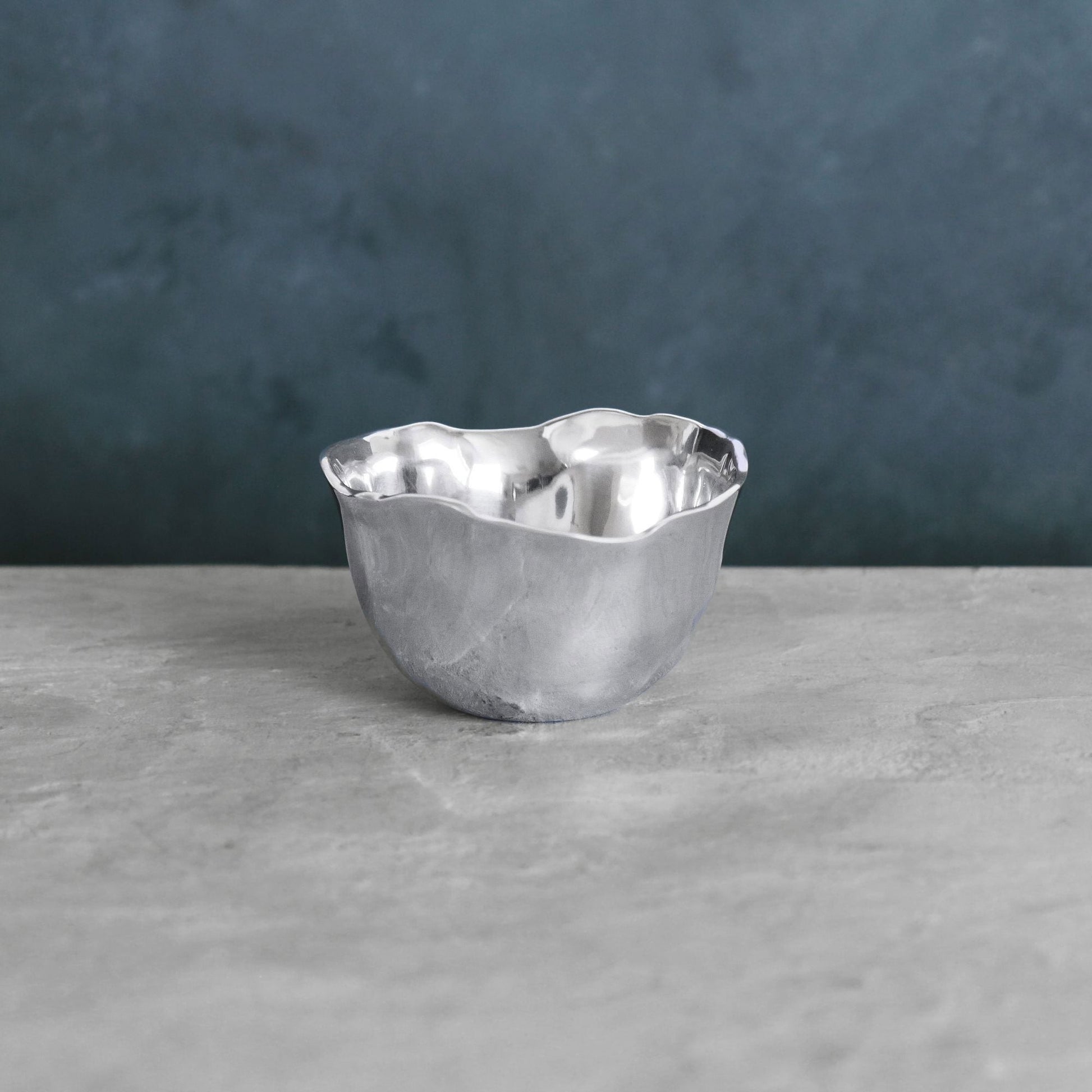 Mellow Monkey SOHO Osaka small silver metal bowl with wavy rim, 5-inch, perfect for snacks or dips.