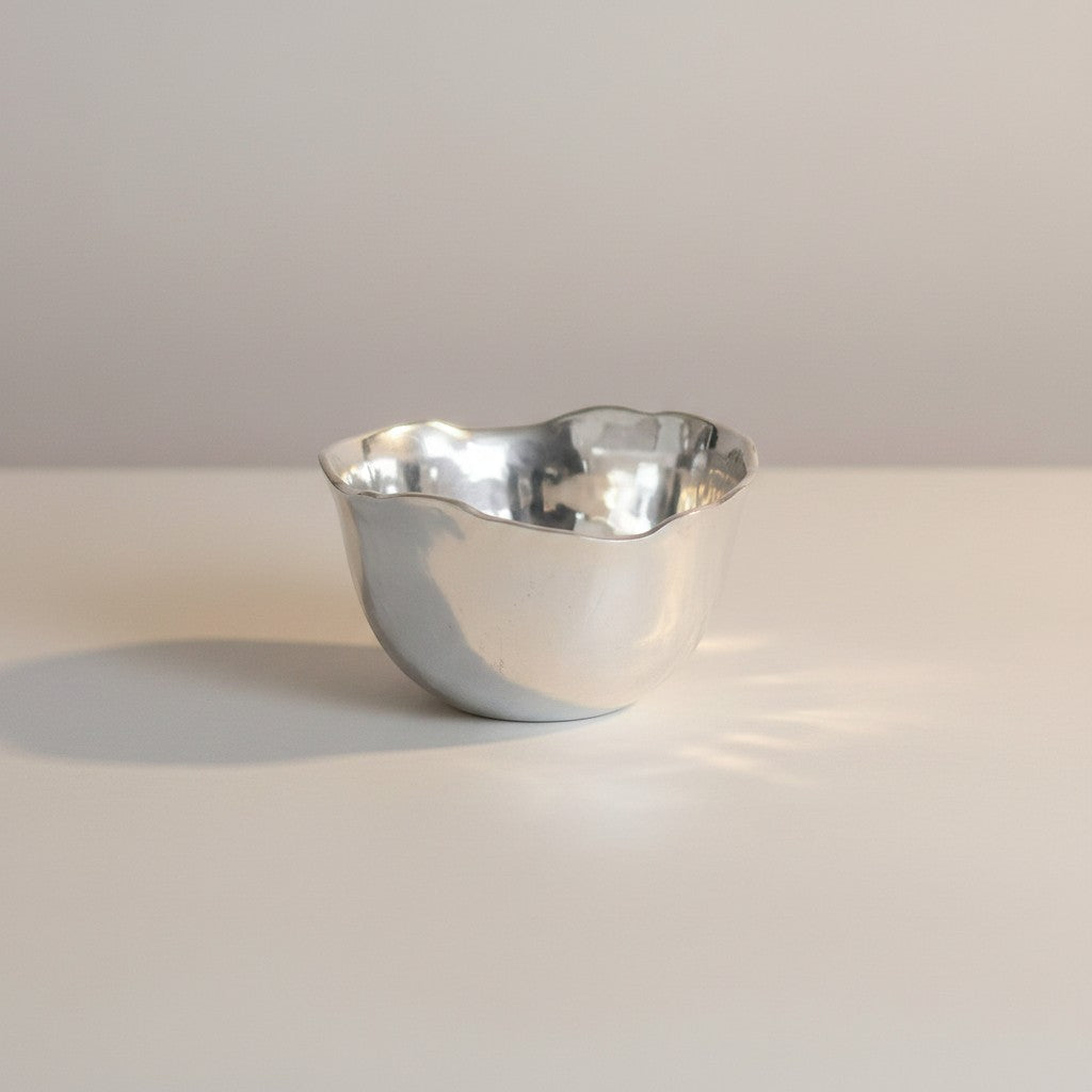 Mellow Monkey SOHO Osaka small silver metal bowl with wavy rim, 5-inch, perfect for snacks or dips.