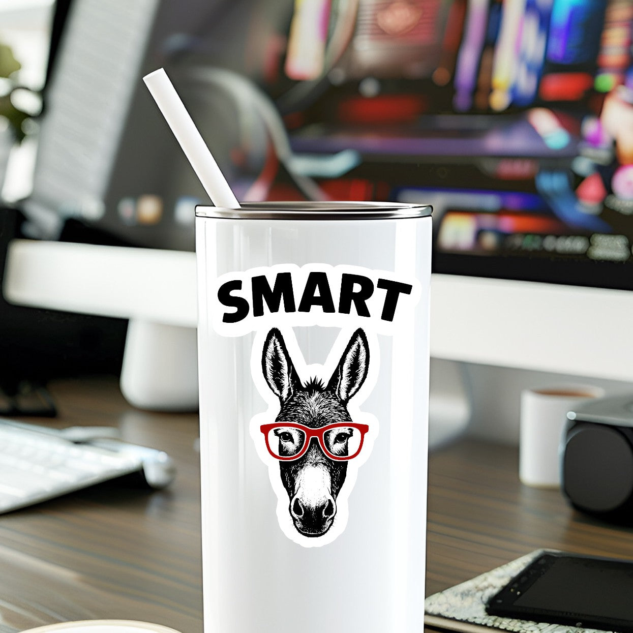Mellow Monkey Smart Ass vinyl sticker featuring a donkey wearing red glasses on a white tumbler on a desk