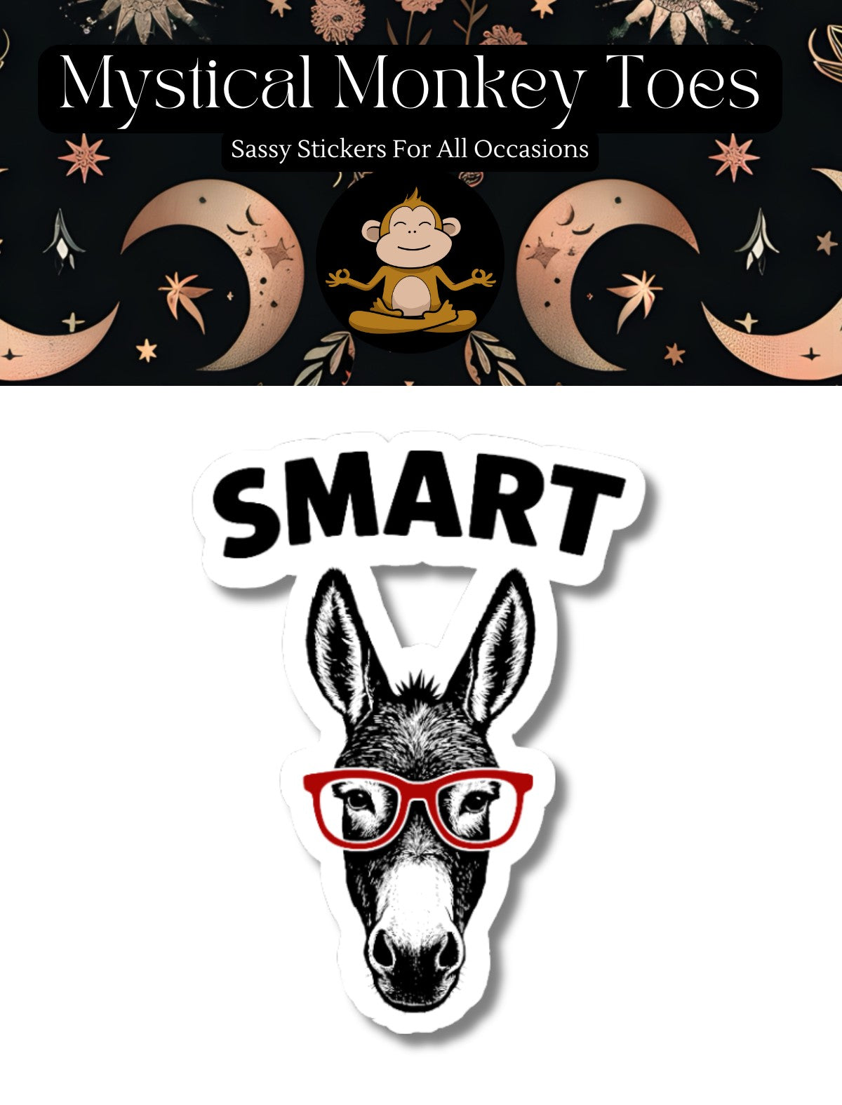 Mellow Monkey Smart Ass vinyl sticker featuring a donkey wearing red glasses with the word Smart above it