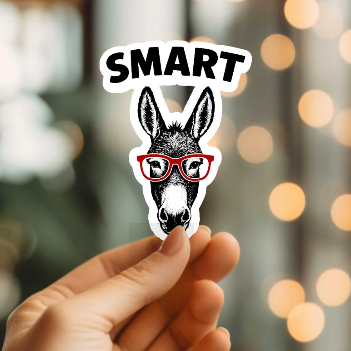 Mellow Monkey Smart Ass vinyl sticker featuring a donkey wearing red glasses held by a hand against a bokeh background
