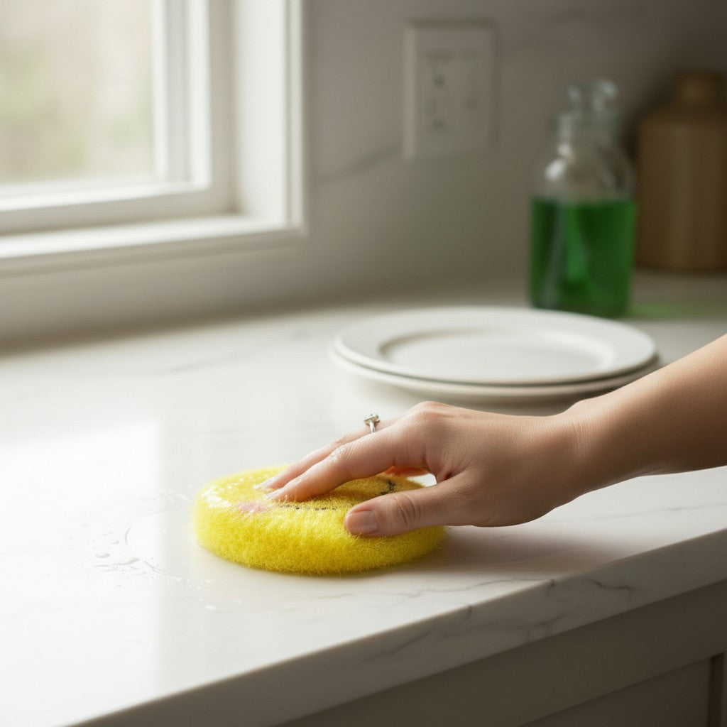 Mellow Monkey yellow smiley face dish scrubber cleaning a white marble countertop in a bright kitchen