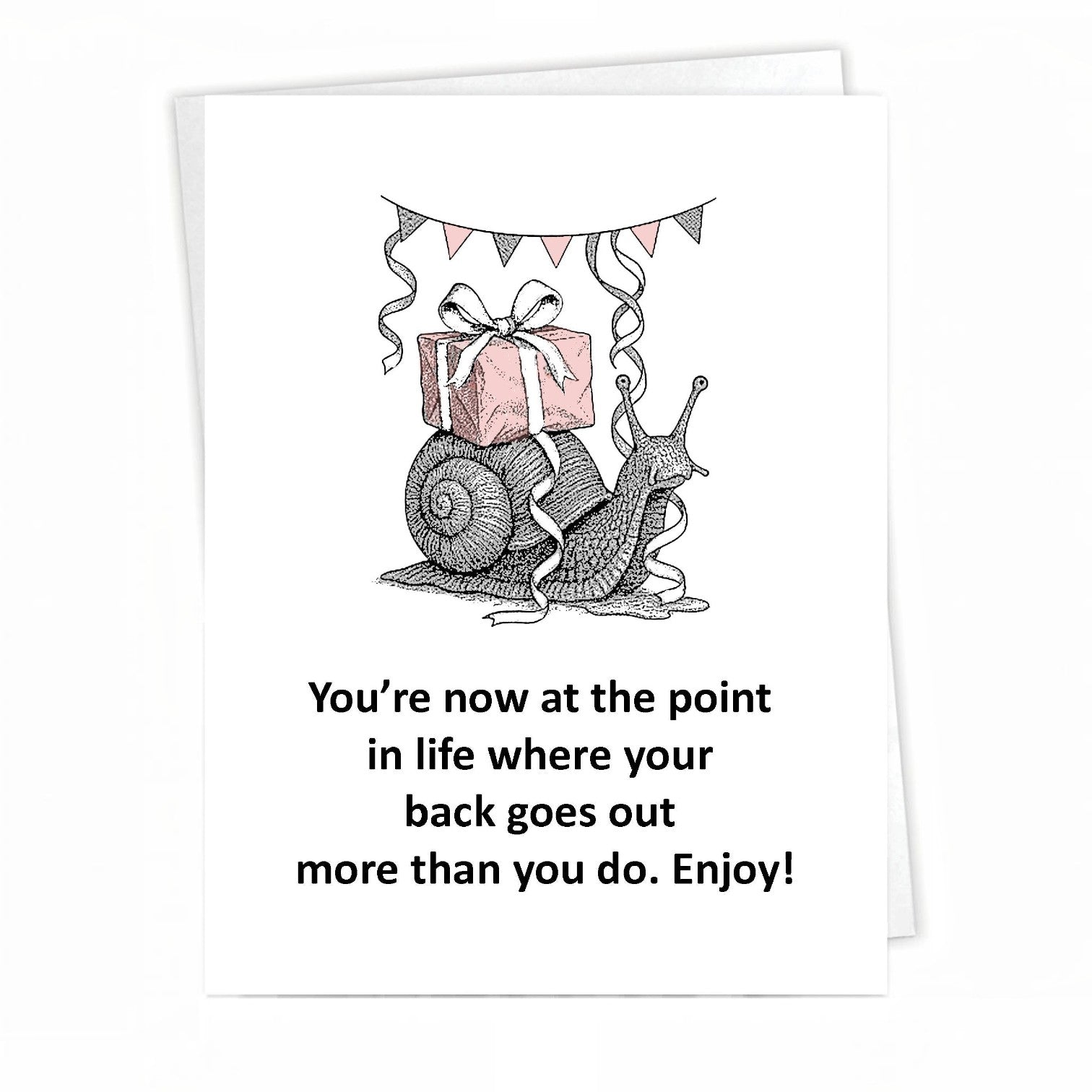 Mellow Monkey funny birthday card featuring an illustrated snail carrying a pink gift with festive bunting