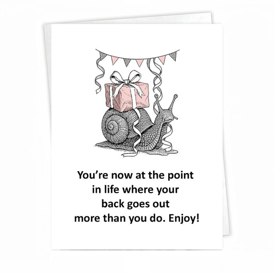 Mellow Monkey funny birthday card featuring an illustrated snail carrying a pink gift with festive bunting