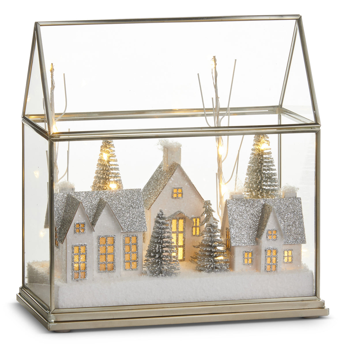 Mellow Monkey Snow City lighted terrarium with glittery houses, pine trees, and warm LED lights in a glass display.
