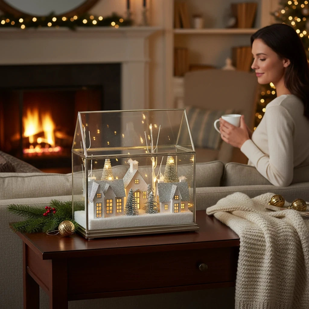 Mellow Monkey Snow City Lighted Terrarium with festive LED houses and trees on a wooden table by a fireplace.