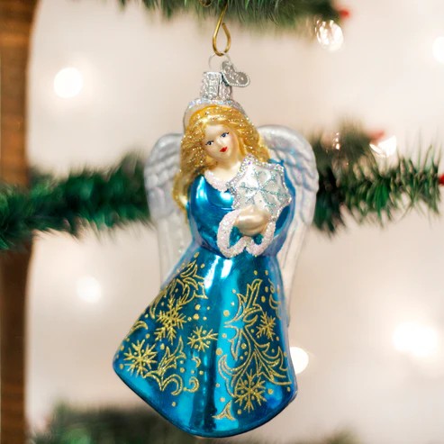 Mellow Monkey Glistening Snowflake Angel blown glass holiday ornament with blue dress and gold snowflake details.