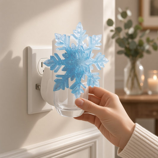 Mellow Monkey snowflake fragrance warmer in icy blue with shimmer, plugged into a wall outlet for home scenting.