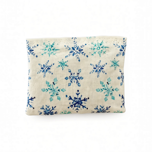 Mellow Monkey Mantra Beads sensory calm bag in white fabric with blue and teal snowflake print for quiet fidgeting