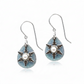 Mellow Monkey silver snowflake teardrop earrings with blue glitter, pearl center, and surgical steel ear wires.