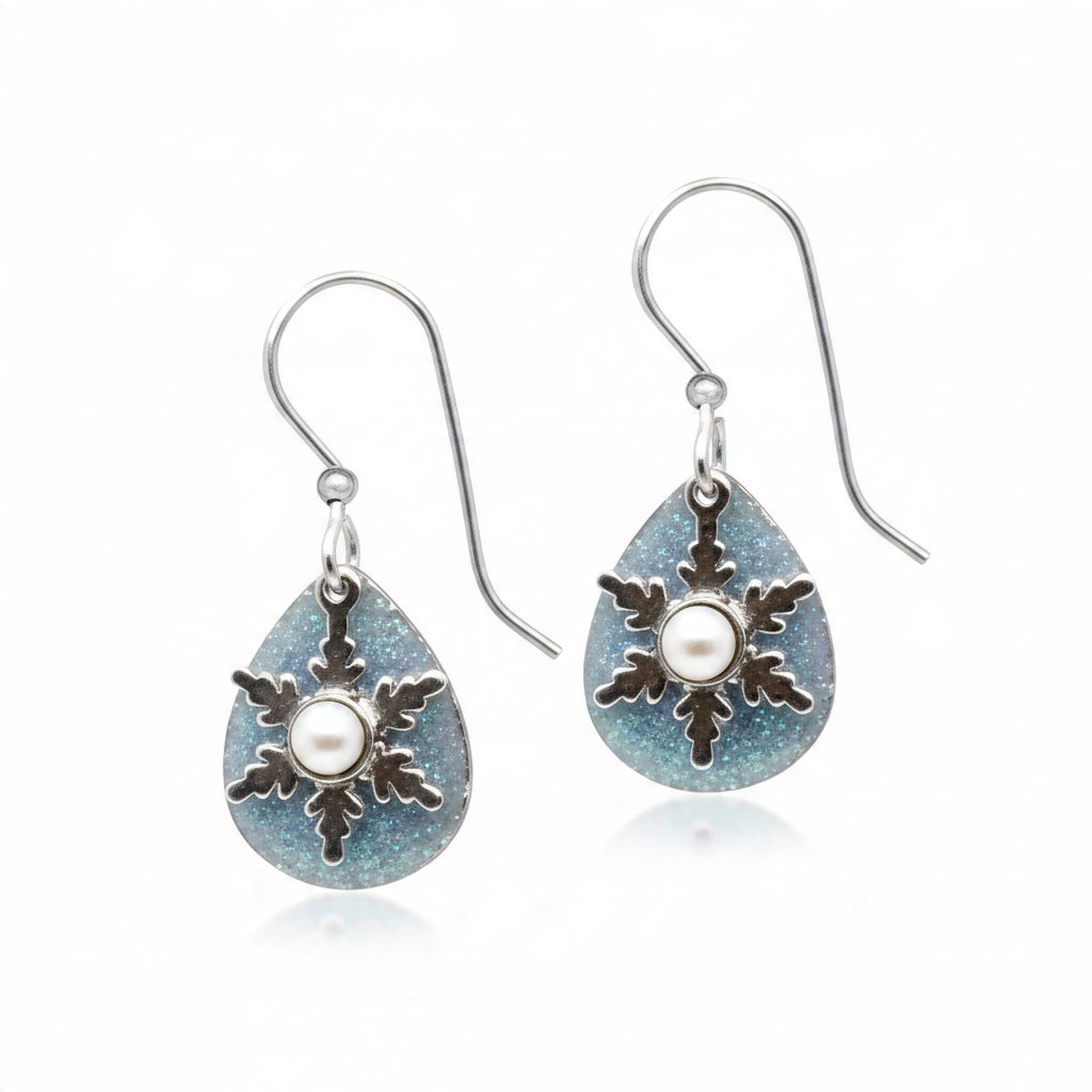 Mellow Monkey silver snowflake teardrop earrings with blue glitter, pearl center, and surgical steel ear wires.