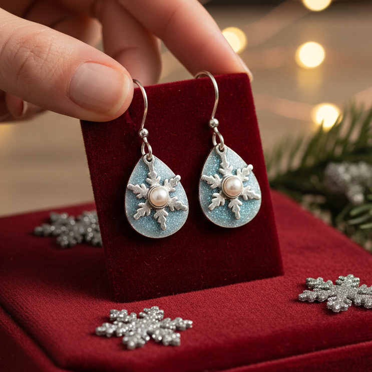 Mellow Monkey silver snowflake teardrop earrings with a central pearl, displayed on a red velvet stand.