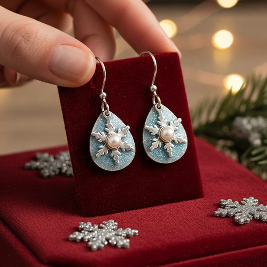 Mellow Monkey silver snowflake teardrop earrings with a central pearl, displayed on a red velvet stand.