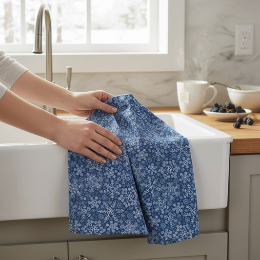 Mellow Monkey blue waffle weave dish towel with white snowflake pattern held over a farmhouse kitchen sink