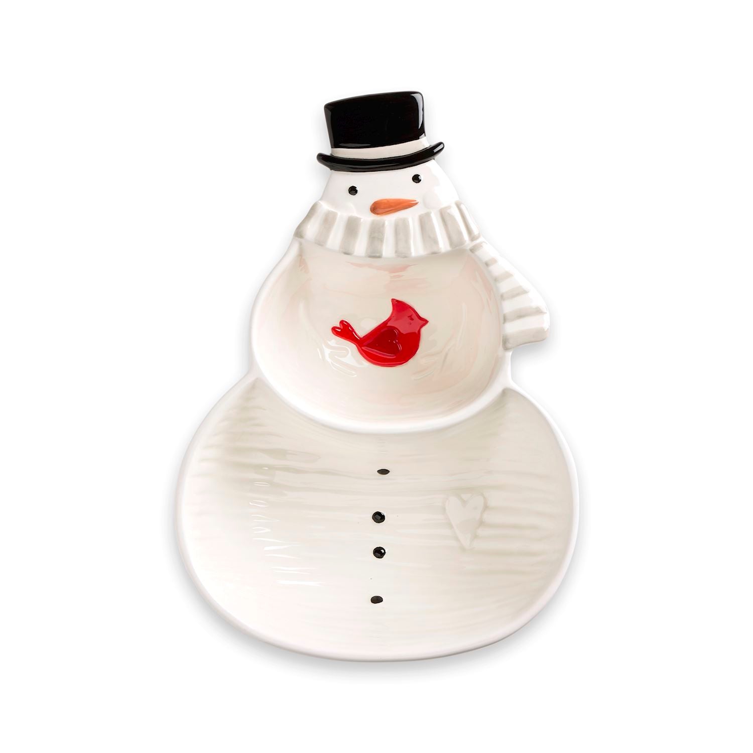 Mellow Monkey ceramic divided dish shaped like a snowman with a red cardinal accent, perfect for holiday serving.