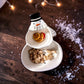 Mellow Monkey ceramic snowman divided dish and heart-shaped plates with cardinal and snowman illustrations