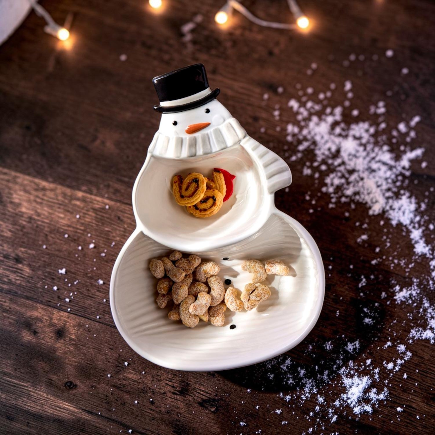 Mellow Monkey ceramic snowman divided dish and heart-shaped plates with cardinal and snowman illustrations