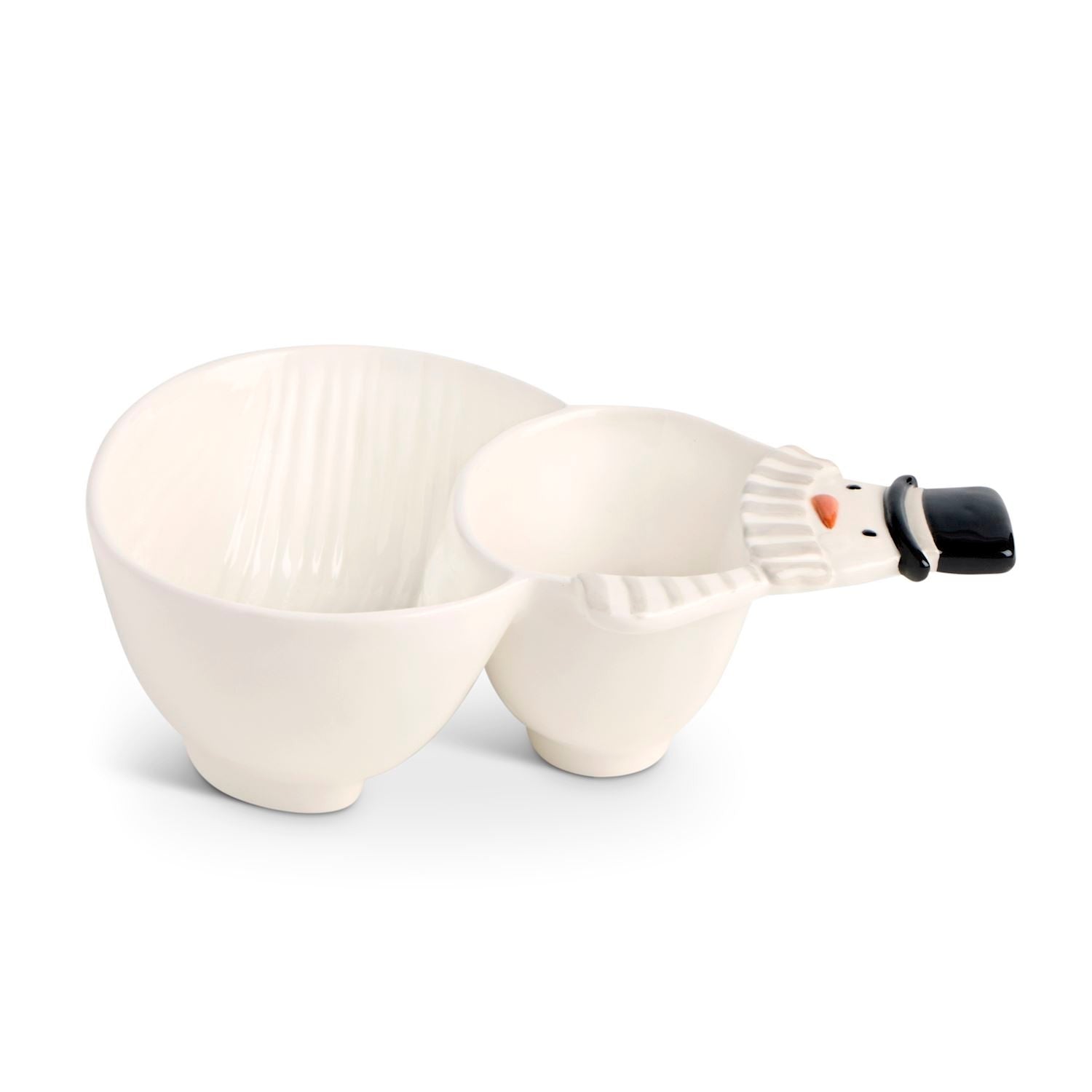 Mellow Monkey ceramic divided serving dish featuring a whimsical snowman design with a black top hat and orange nose