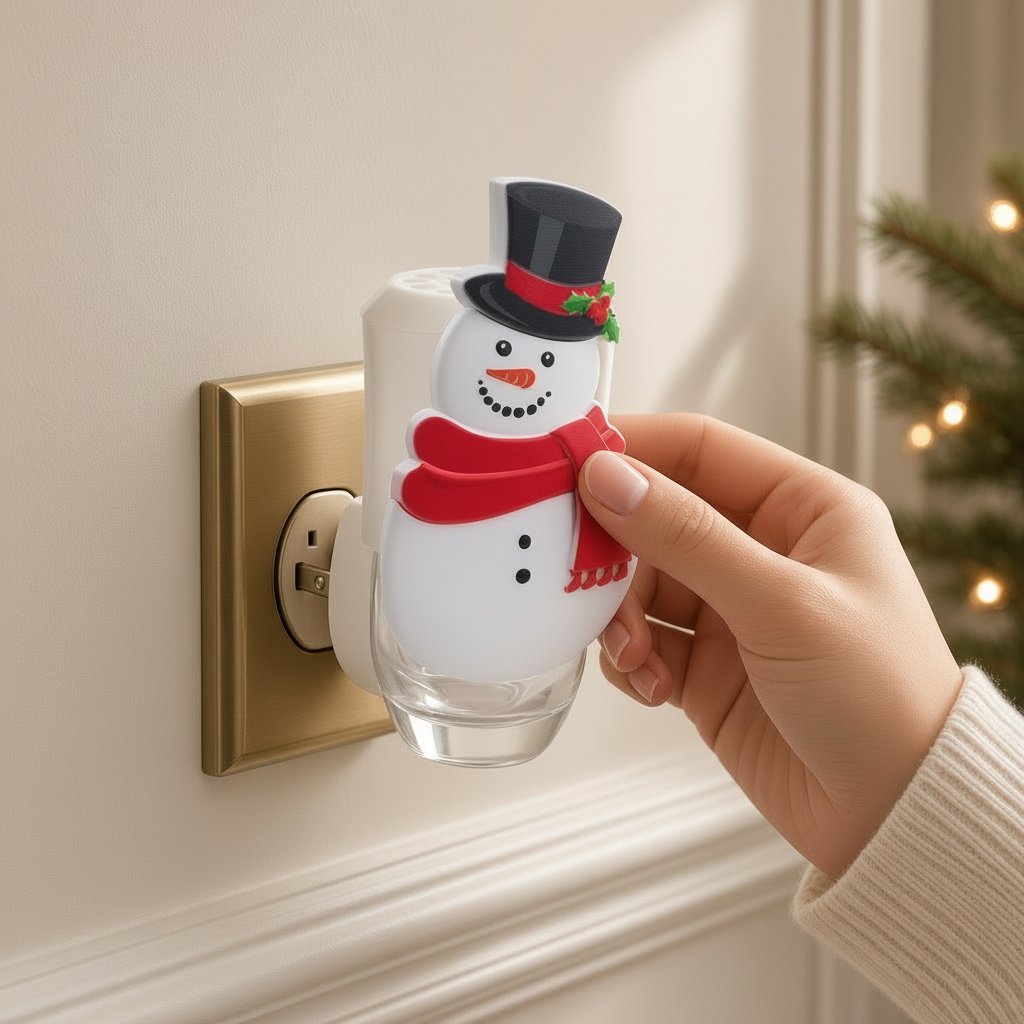 Mellow Monkey snowman fragrance warmer with a red scarf and top hat plugged into a wall outlet for festive decor