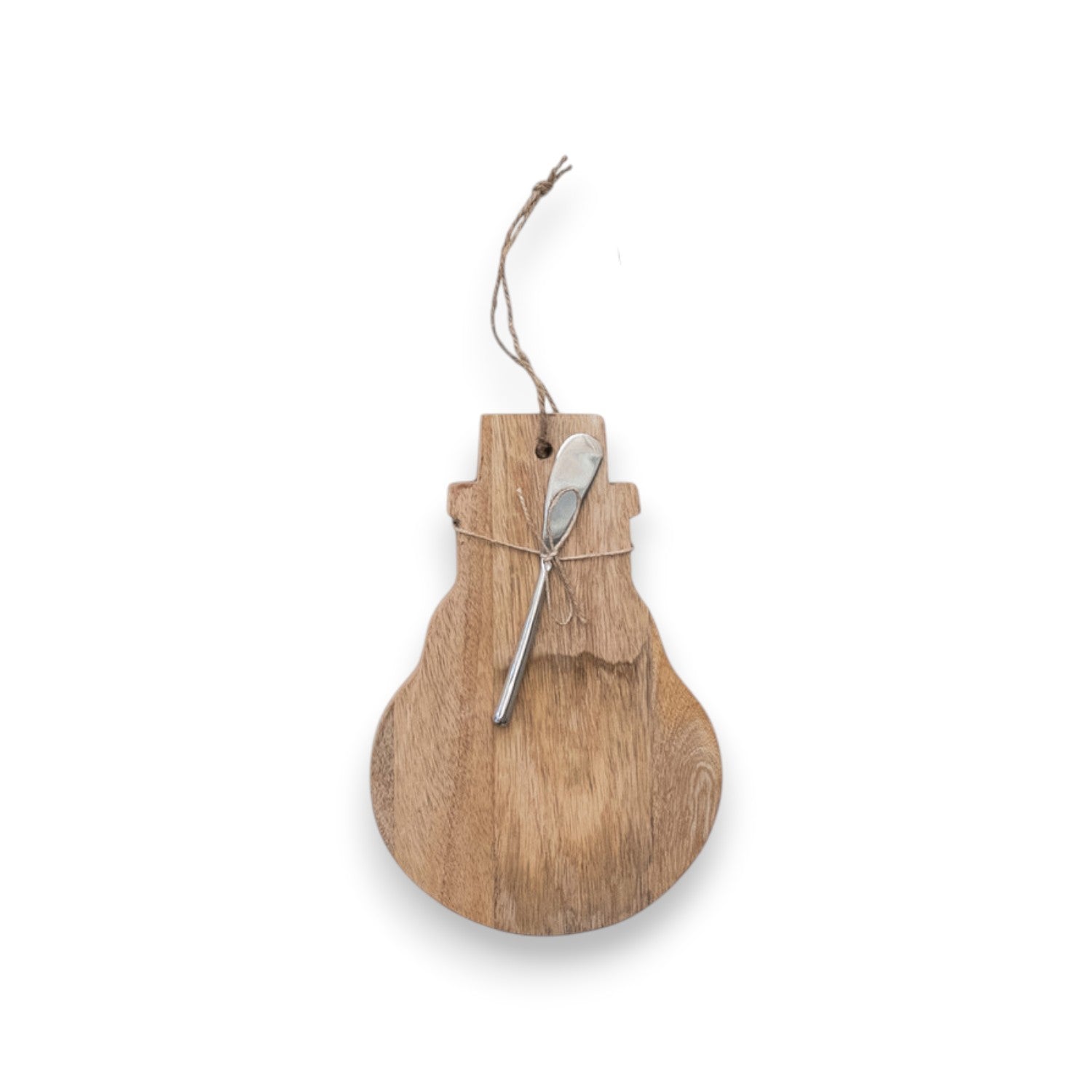 Mellow Monkey snowman-shaped mango wood serving board with a matching metal canape knife tied with rustic jute twine.