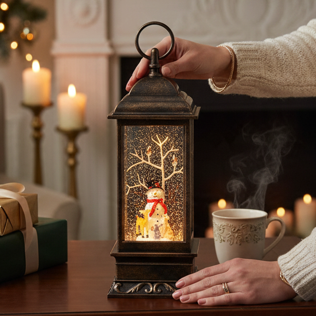 Mellow Monkey 11-inch black musical water lantern with a snowman, swirling glitter, and festive holiday lighting.