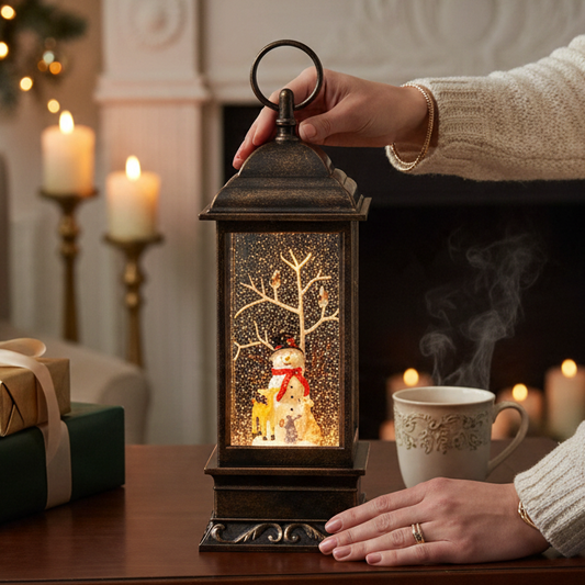 Mellow Monkey 11-inch black musical water lantern with a snowman, swirling glitter, and festive holiday lighting.