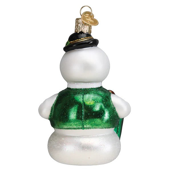 Mellow Monkey Sam The Snowman Old World Christmas blown glass ornament with black hat and green vest.