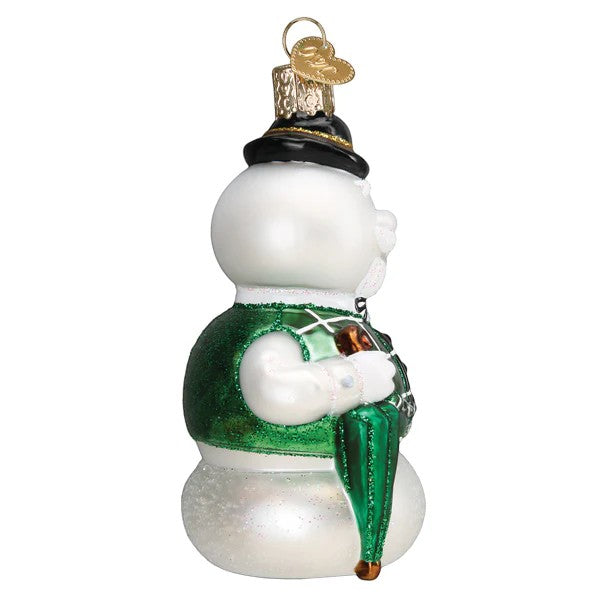 Mellow Monkey Sam The Snowman blown glass holiday ornament with green vest and black hat.