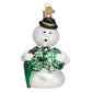 Mellow Monkey Sam The Snowman blown glass holiday ornament with green plaid vest, black hat, and umbrella. 4.25-in.