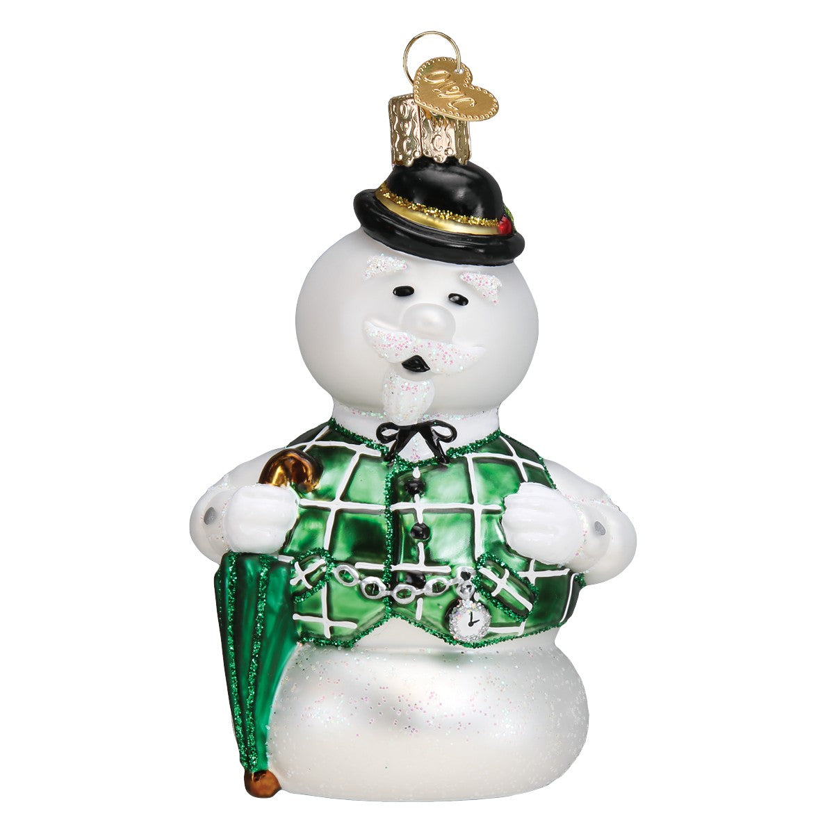 Mellow Monkey Sam The Snowman blown glass holiday ornament with green plaid vest, black hat, and umbrella. 4.25-in.