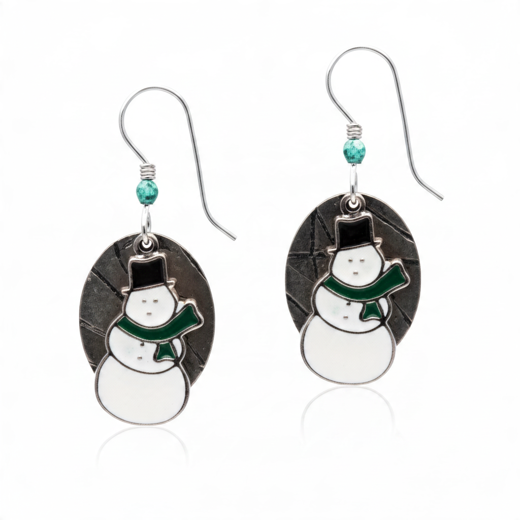 Mellow Monkey silver snowman earrings on textured oval discs with green scarves and surgical steel ear wires