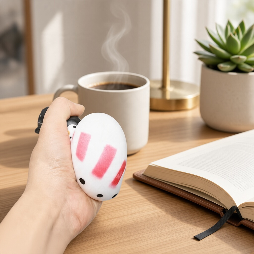 Mellow Monkey Chilly the Snowman squishy toy being squeezed by a hand on a wooden desk with a coffee mug and book.
