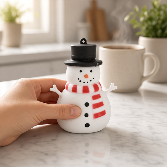 Mellow Monkey Chilly the Snowman squishy toy with a black top hat and red striped scarf held on a marble countertop.
