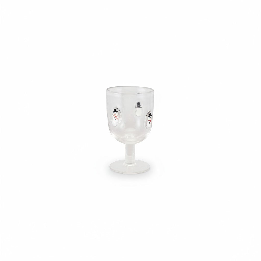 Mellow Monkey 10-oz clear stemmed wine glass featuring hand-painted embedded snowman holiday icons