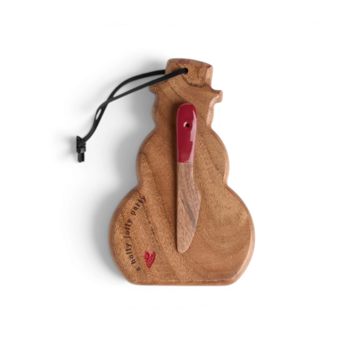 Mellow Monkey snowman-shaped wooden serving board with a red-handled spreader and a holly jolly party engraving.