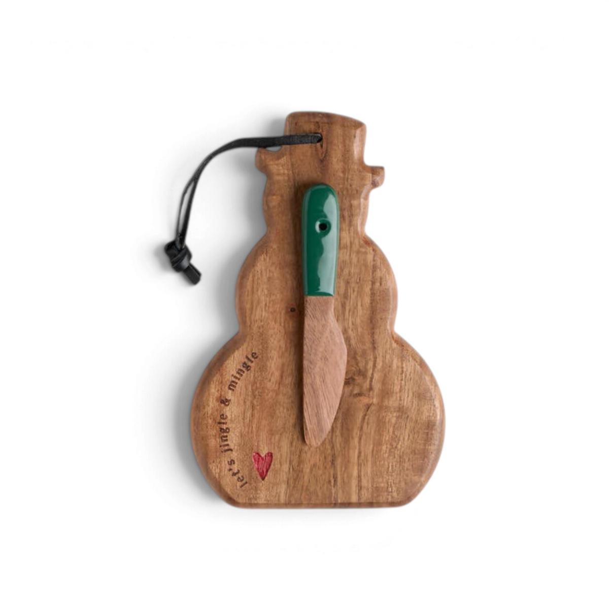Mellow Monkey snowman-shaped wooden serve board with a green-handled spreader and Let's Jingle & Mingle engraving.