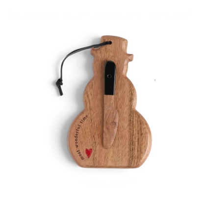 Mellow Monkey snowman-shaped wooden serve board with a small spreader knife and most wonderful time text engraving.