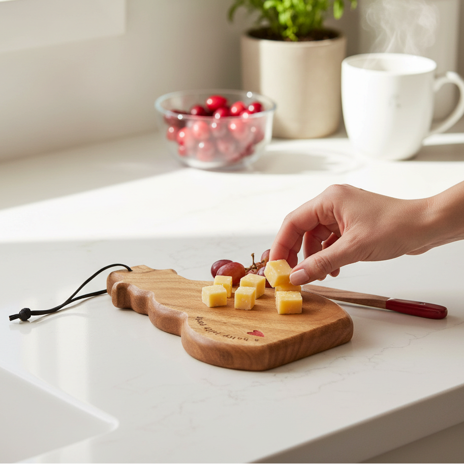 Mellow Monkey snowman-shaped wooden mini serve board with cheese cubes on a white kitchen counter