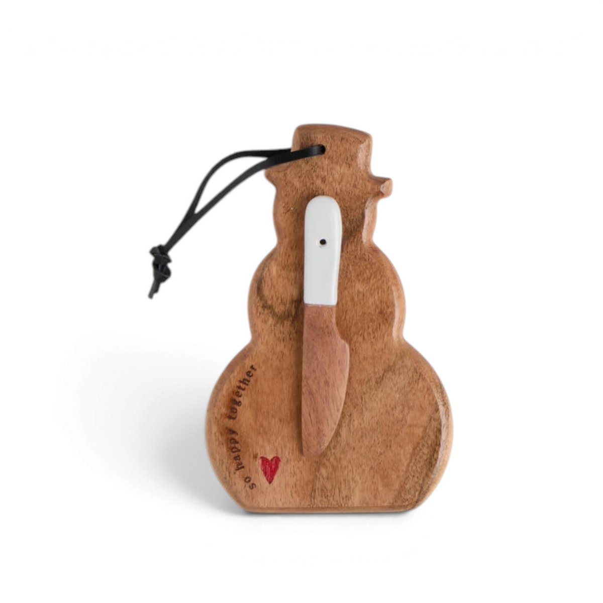 Mellow Monkey snowman shaped wooden serving board with a small cheese knife and So Happy Together text detail.