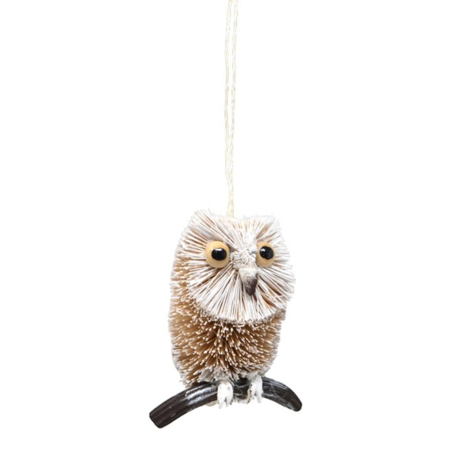 Mellow Monkey 4-inch snowy owl holiday ornament made from natural bottle brush fibers perched on a branch