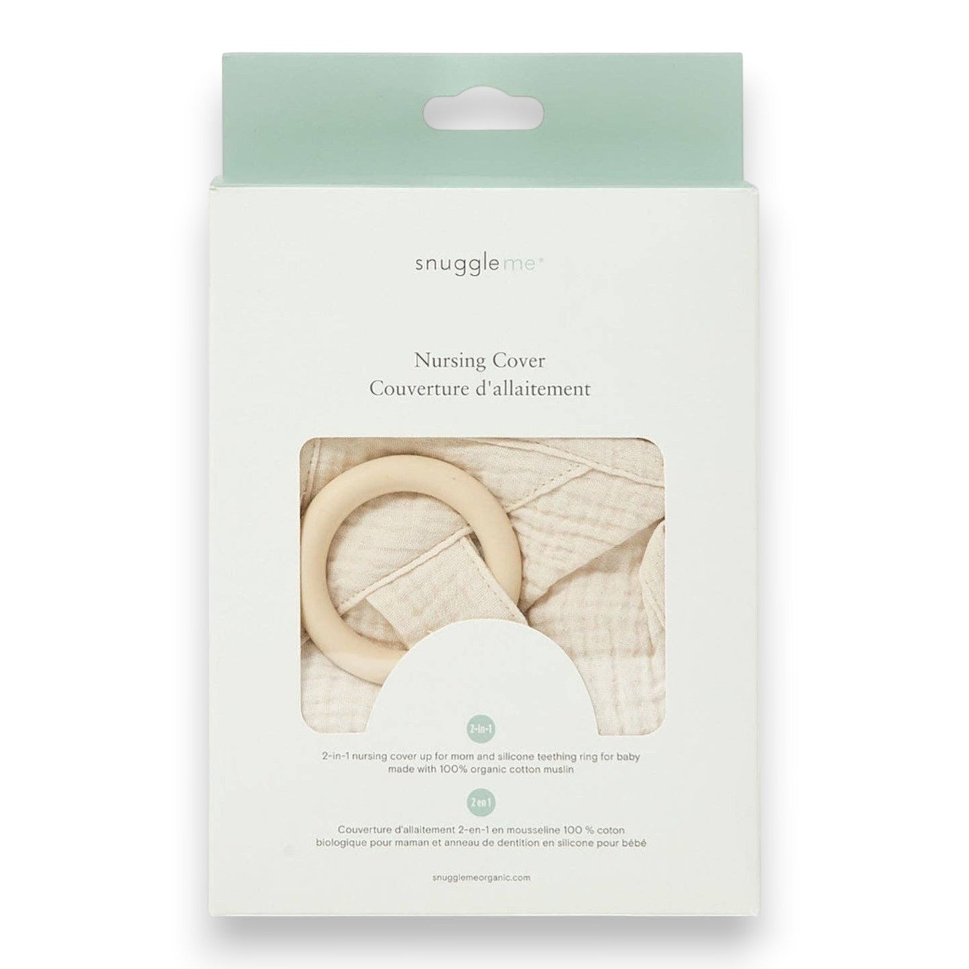 Mellow Monkey Snuggle Me natural organic cotton muslin nursing cover with built-in silicone teether in retail packaging