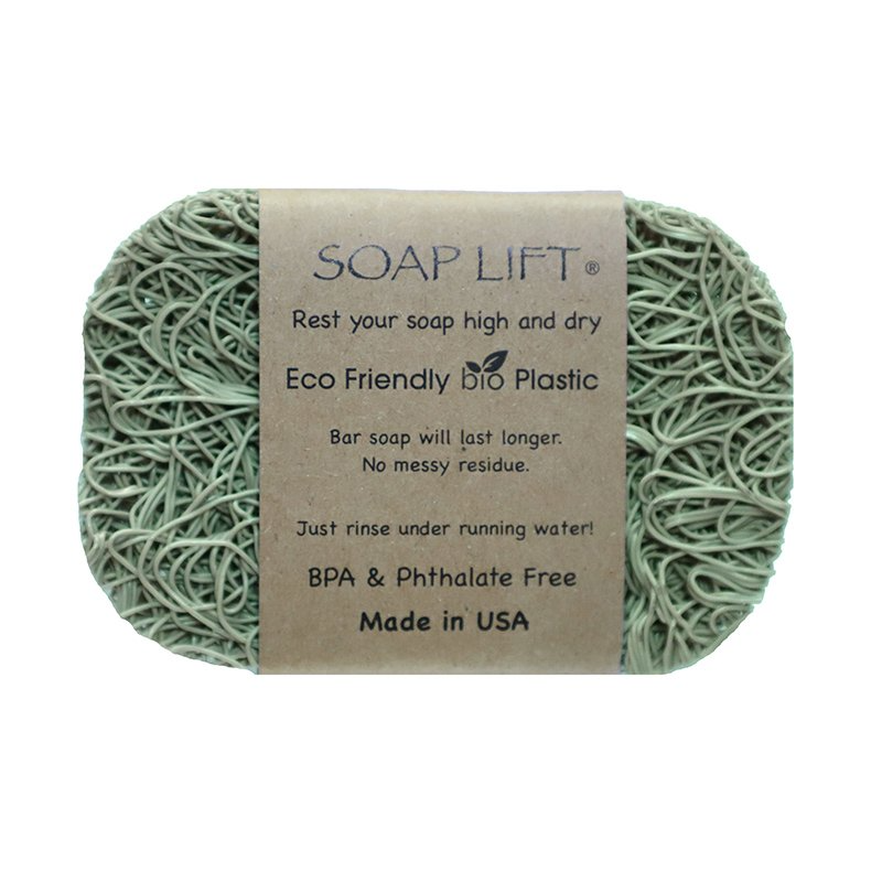 Mellow Monkey Soap Lift soap saver in sage green bioplastic for draining bar soap and preventing residue