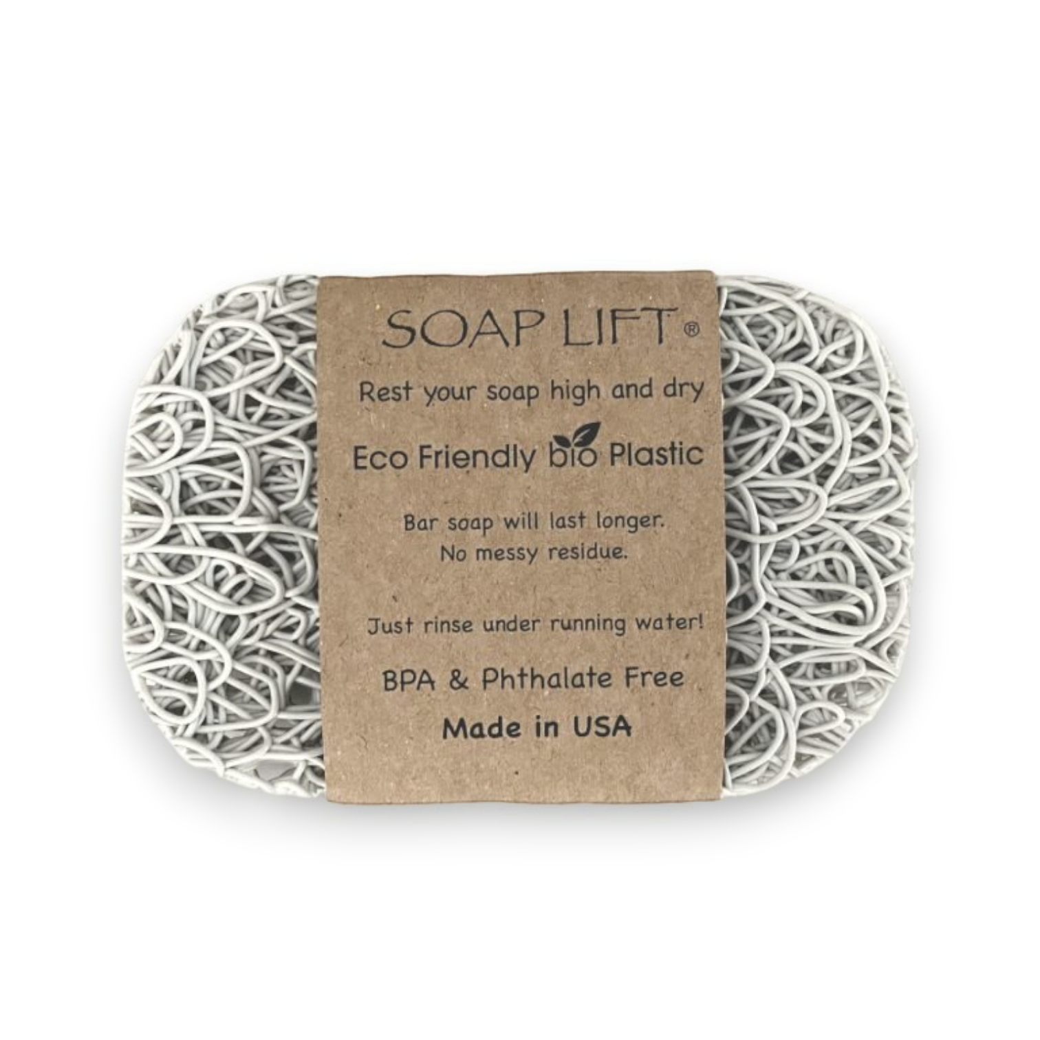 Mellow Monkey Soap Lift soap saver in grey, a multi-directional bioplastic pad that keeps bar soap dry and clean.