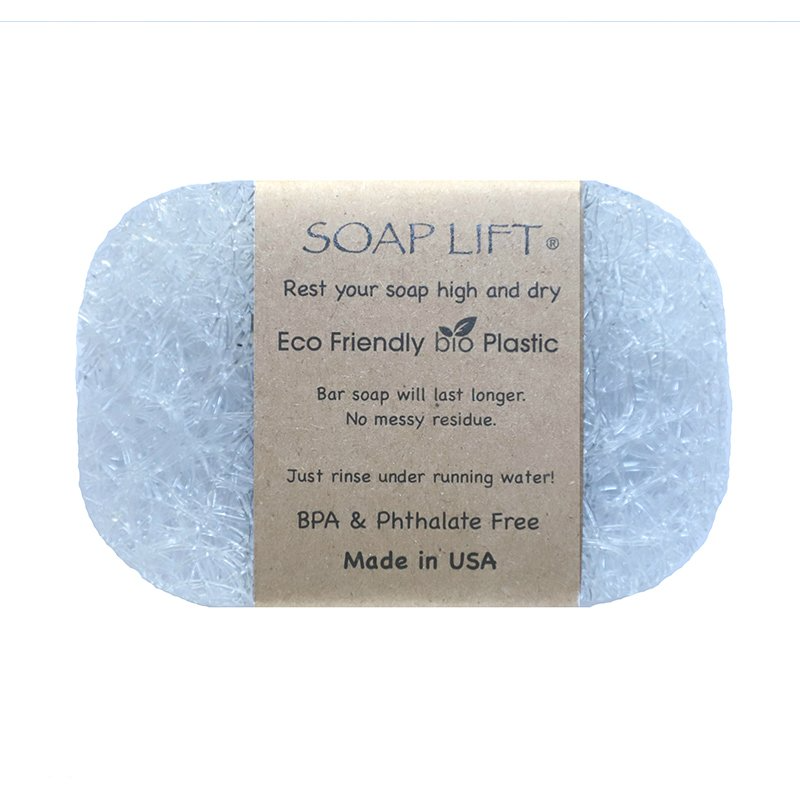 Mellow Monkey Soap Lift soap saver in clear bioplastic with informational paper band for draining bar soap