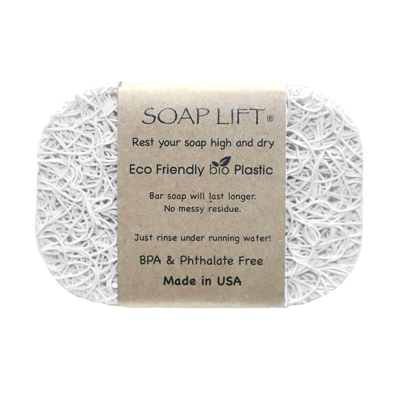 Mellow Monkey Soap Lift white bioplastic soap saver pad for draining bar soap in a shower or on a counter